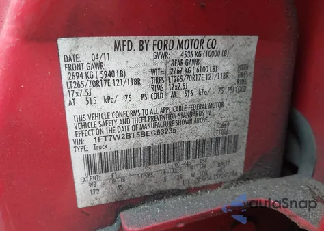 2011 Ford F-250 Xl from USA, damaged, VIN 1FT7W2BT5BEC63235